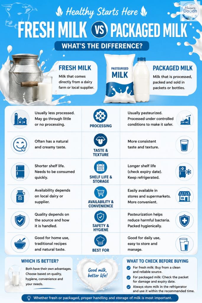 Fresh milk vs Packaged milk comparison infographic